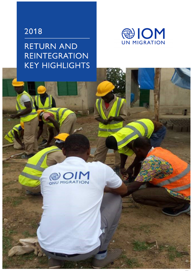 Cover of the 2018 Return and Reintegration Key Highlights, portraying migrants working on a construction site
