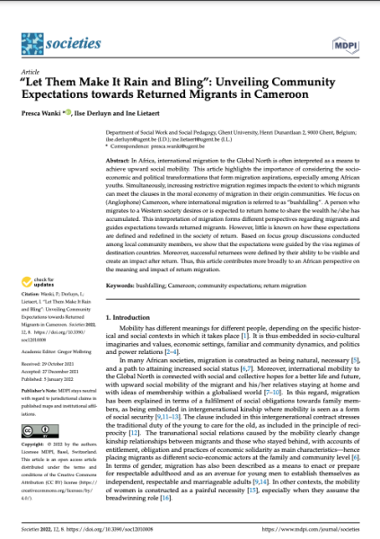 2022, P. Wanki, I. Derluyn, I. Lietaert, Societies, “Let Them Make It Rain and Bling” Unveiling Community Expectations towards Returned Migrants in Cameroon