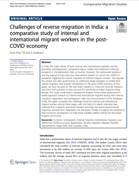 2021, A. Khan, H. Arokkiaraj,Challenges of reverse migration in India