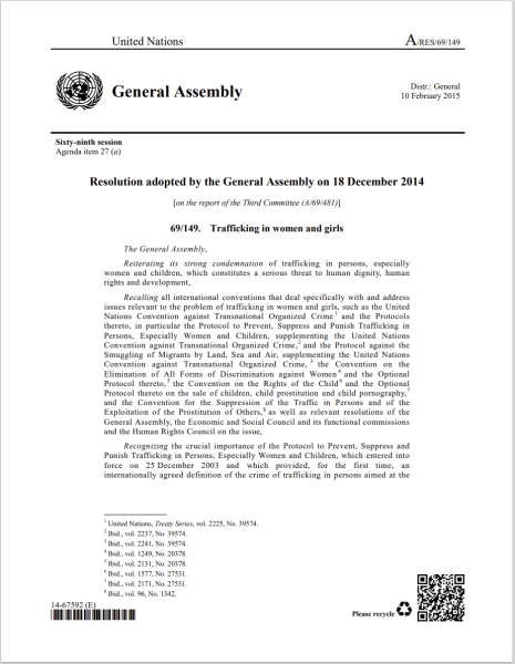 Trafficking in Women and Girls. Resolution adopted by the General Assembly on 18 December 2014