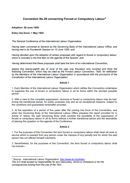 Convention No.29 Concerning Forced or Compulsory Labour